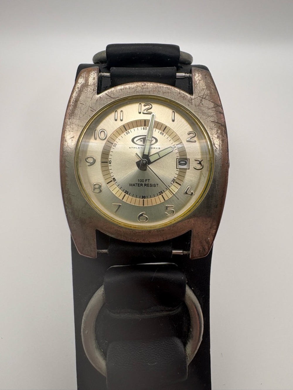 Athletic Works AW4050 Watch with Wide Black Cuff Band WR100 New Battery Works!